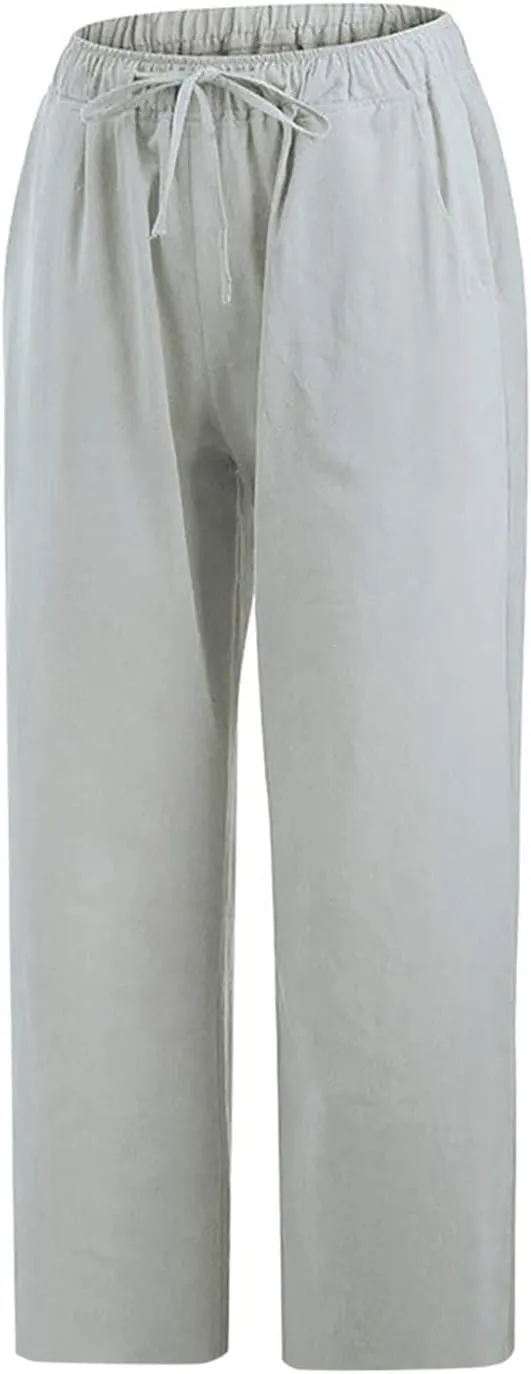 Women's Summer Linen Pants Wide Leg Capri Pants Drawstring Beach Pants Loose Casual Pants High Waisted Travel Pants