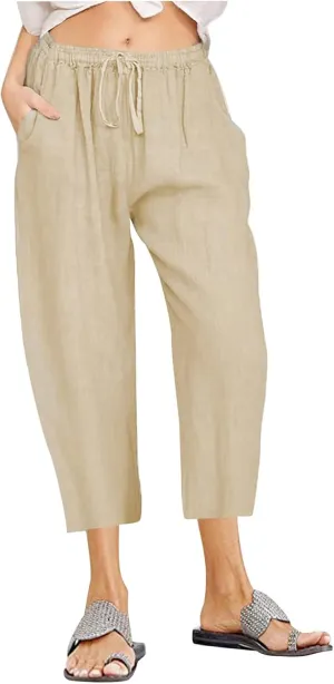 Women's Summer Linen Pants Wide Leg Capri Pants Drawstring Beach Pants Loose Casual Pants High Waisted Travel Pants