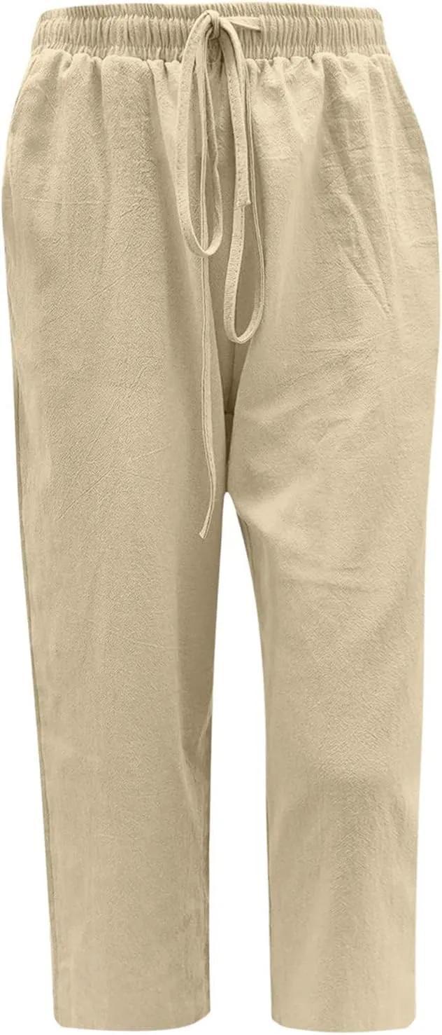 Women's Summer Linen Pants Wide Leg Capri Pants Drawstring Beach Pants Loose Casual Pants High Waisted Travel Pants