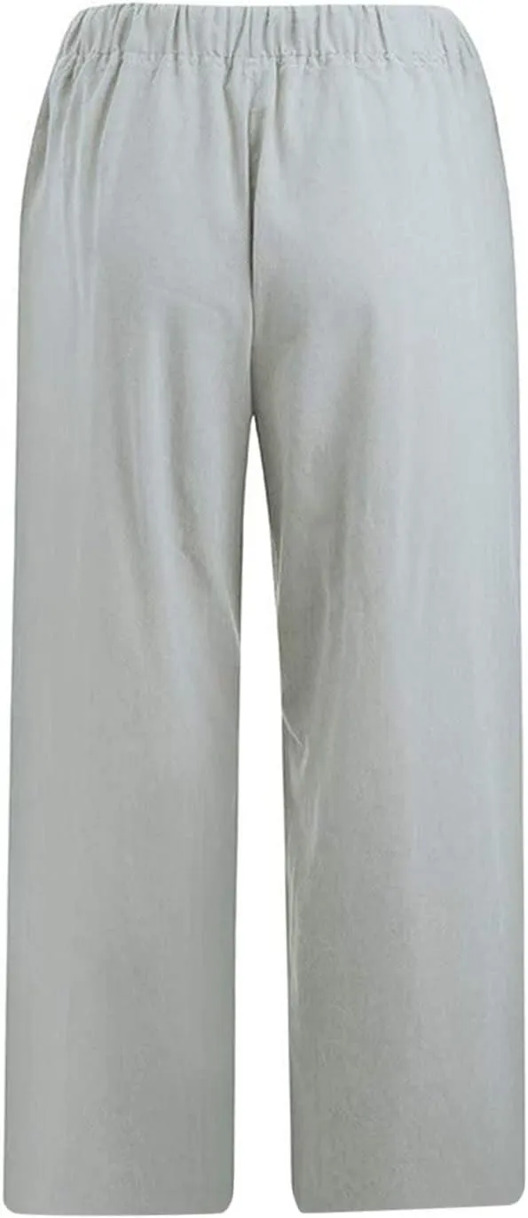 Women's Summer Linen Pants Wide Leg Capri Pants Drawstring Beach Pants Loose Casual Pants High Waisted Travel Pants
