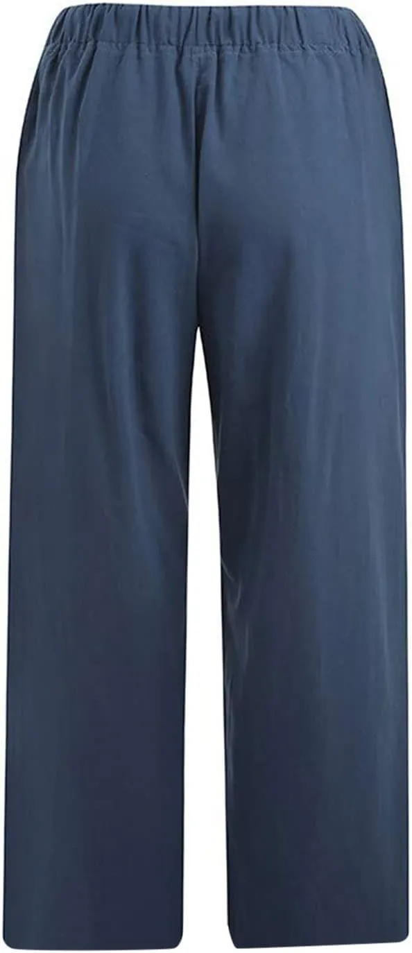 Women's Summer Linen Pants Wide Leg Capri Pants Drawstring Beach Pants Loose Casual Pants High Waisted Travel Pants