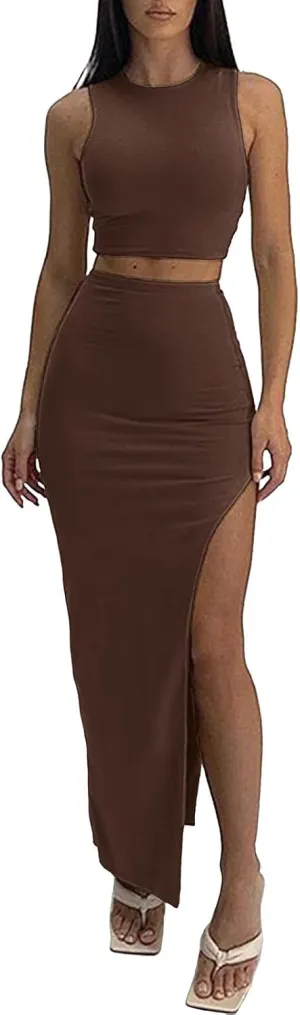Womens Two Piece Set Sleeveless Tank Tops Maxi Skirt Set High Slit Skirt Dress Fashion Going Out Outfits 2025