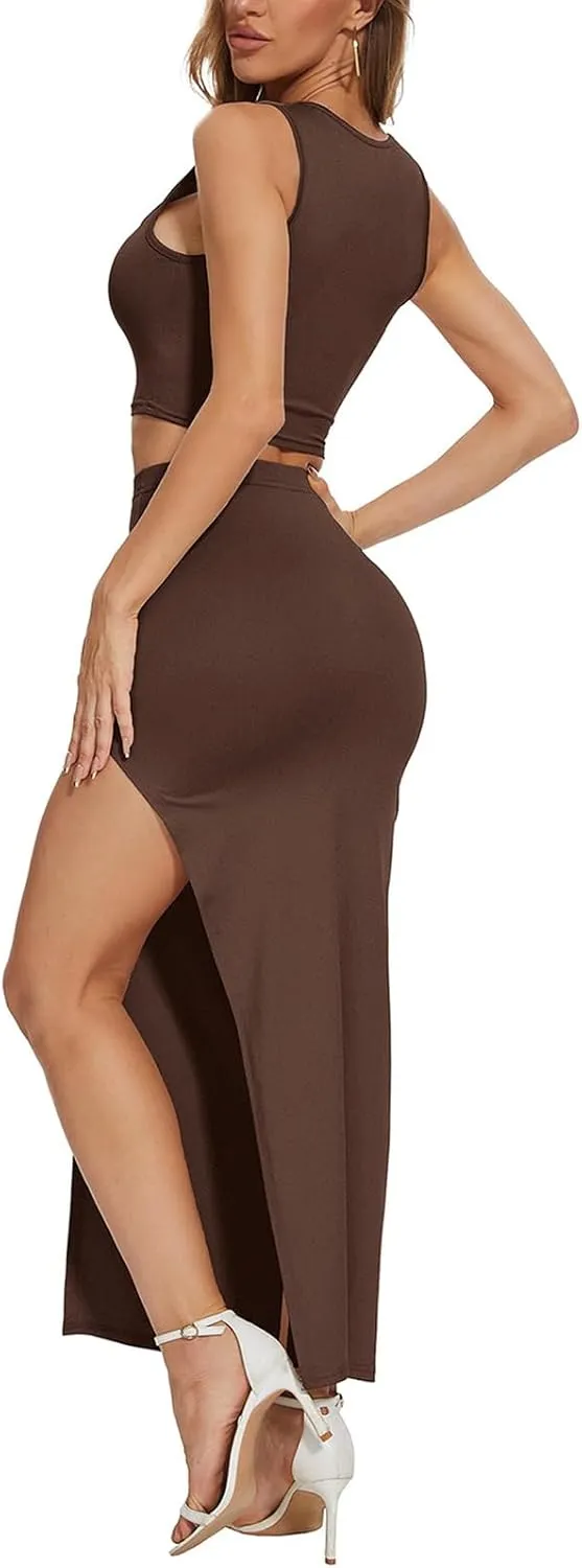 Womens Two Piece Set Sleeveless Tank Tops Maxi Skirt Set High Slit Skirt Dress Fashion Going Out Outfits 2025