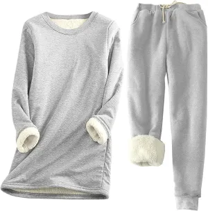 Womens Two Piece Sets Fleece Lined Sweatsuit Soft Warm Sherpa Sweatshirts and Sweatpants 2 Piece Lounge Sets