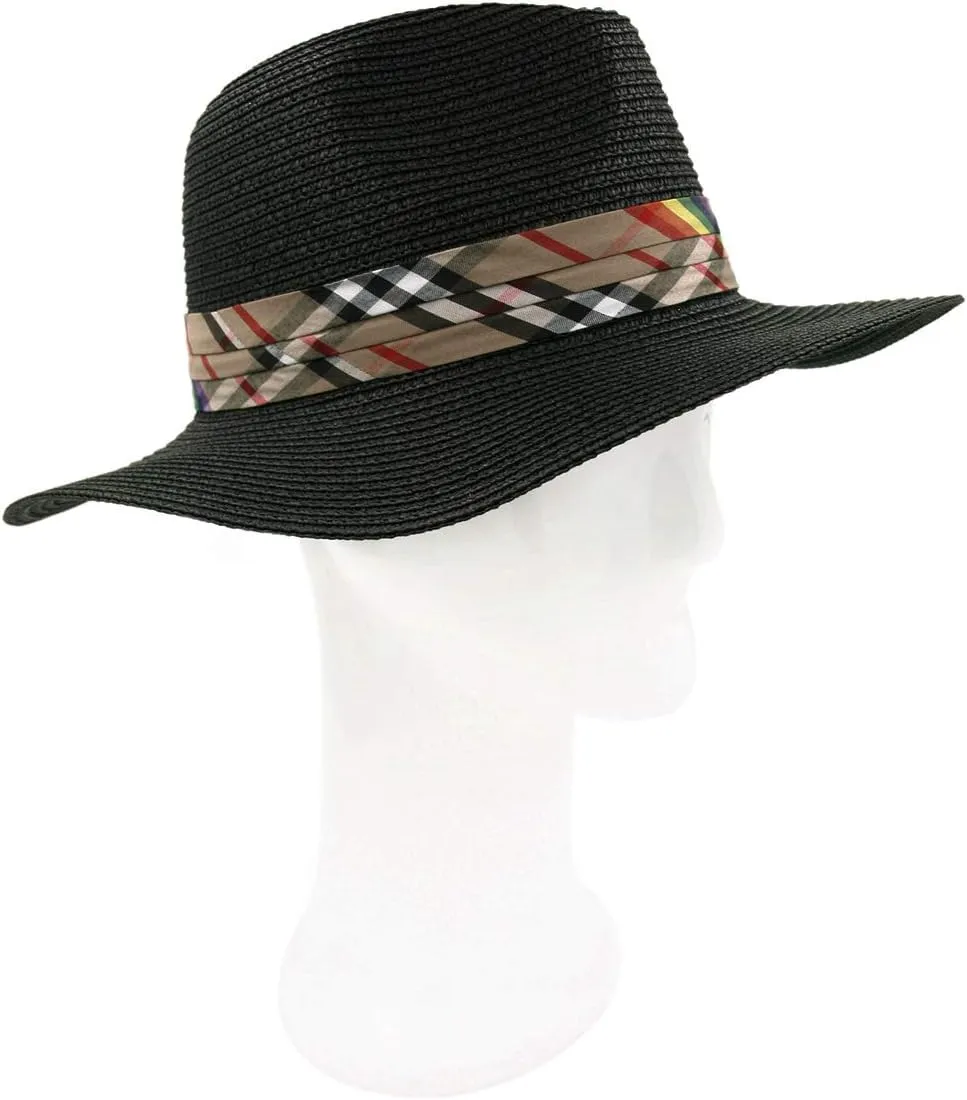 Womens Wide Brim Foldable UPF50 Plaid Band Summer Straw Hat Fedora Sun Beach Hat