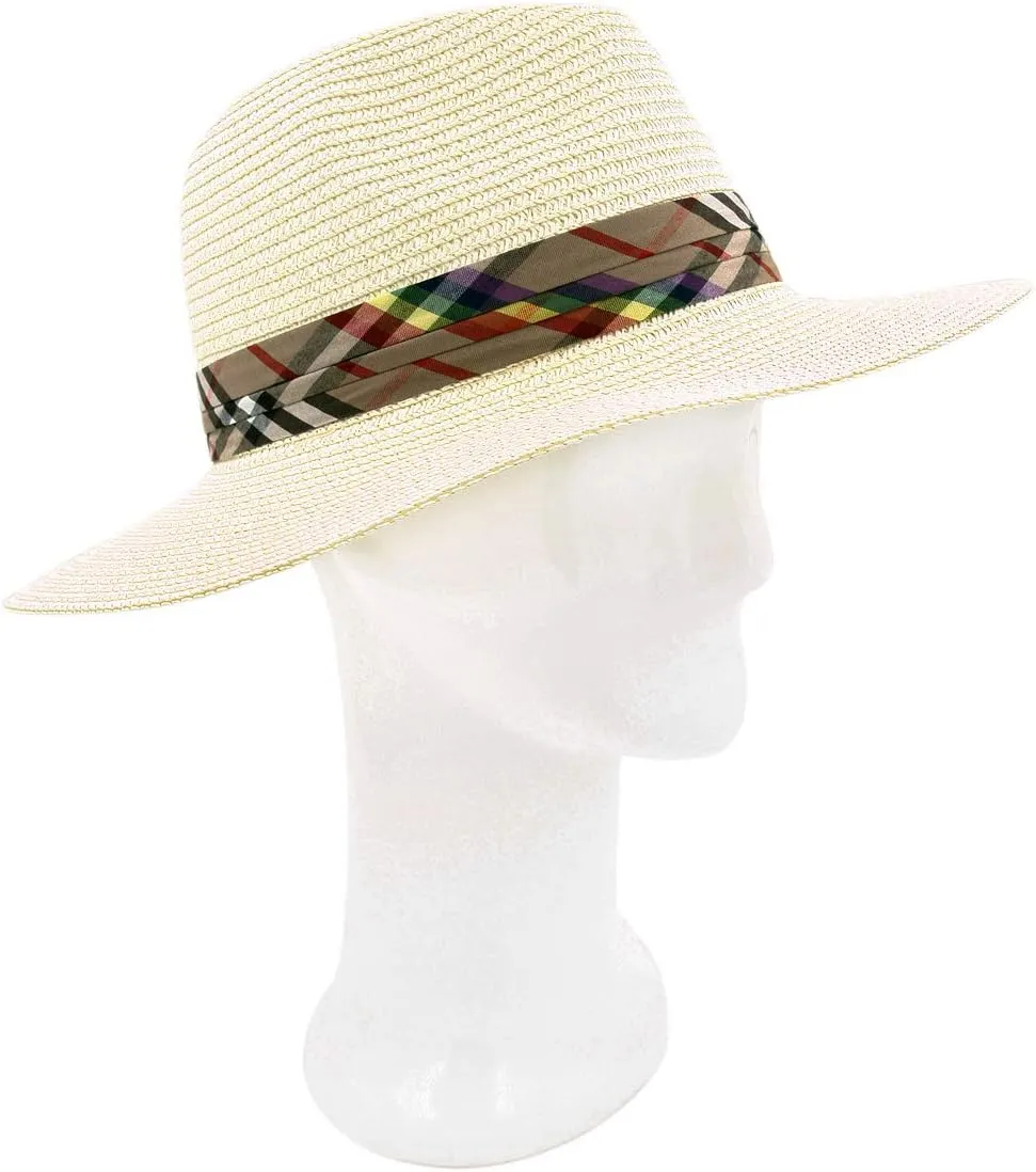 Womens Wide Brim Foldable UPF50 Plaid Band Summer Straw Hat Fedora Sun Beach Hat
