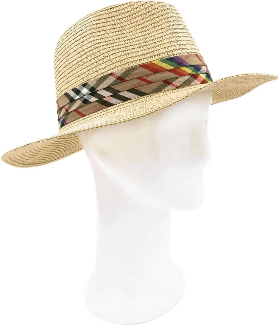 Womens Wide Brim Foldable UPF50 Plaid Band Summer Straw Hat Fedora Sun Beach Hat