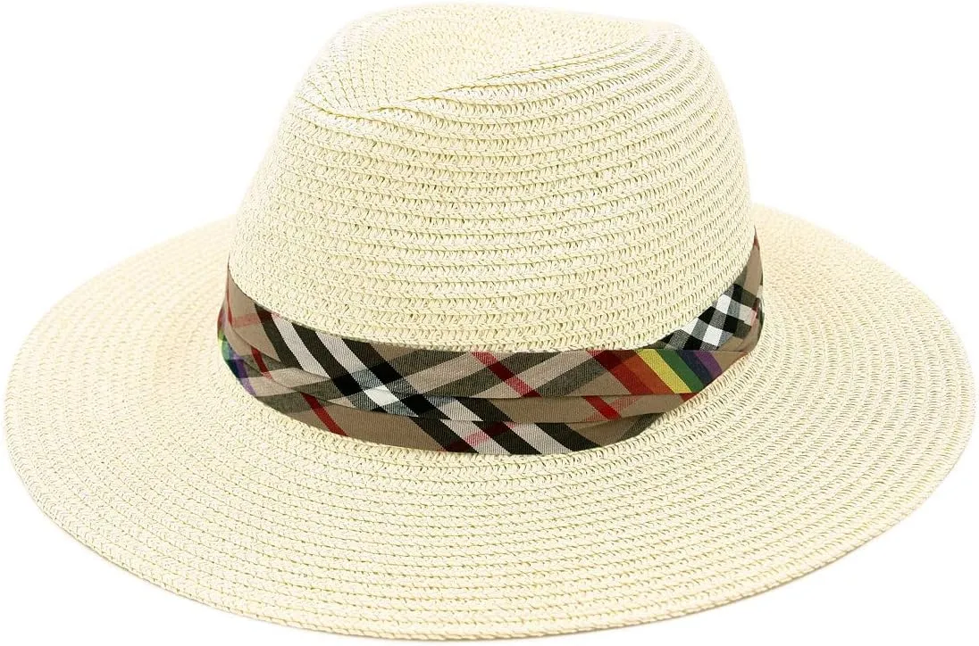 Womens Wide Brim Foldable UPF50 Plaid Band Summer Straw Hat Fedora Sun Beach Hat