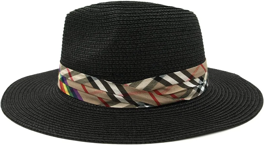 Womens Wide Brim Foldable UPF50 Plaid Band Summer Straw Hat Fedora Sun Beach Hat