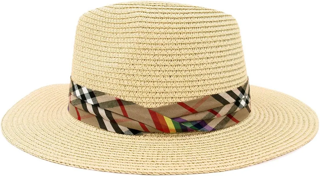 Womens Wide Brim Foldable UPF50 Plaid Band Summer Straw Hat Fedora Sun Beach Hat