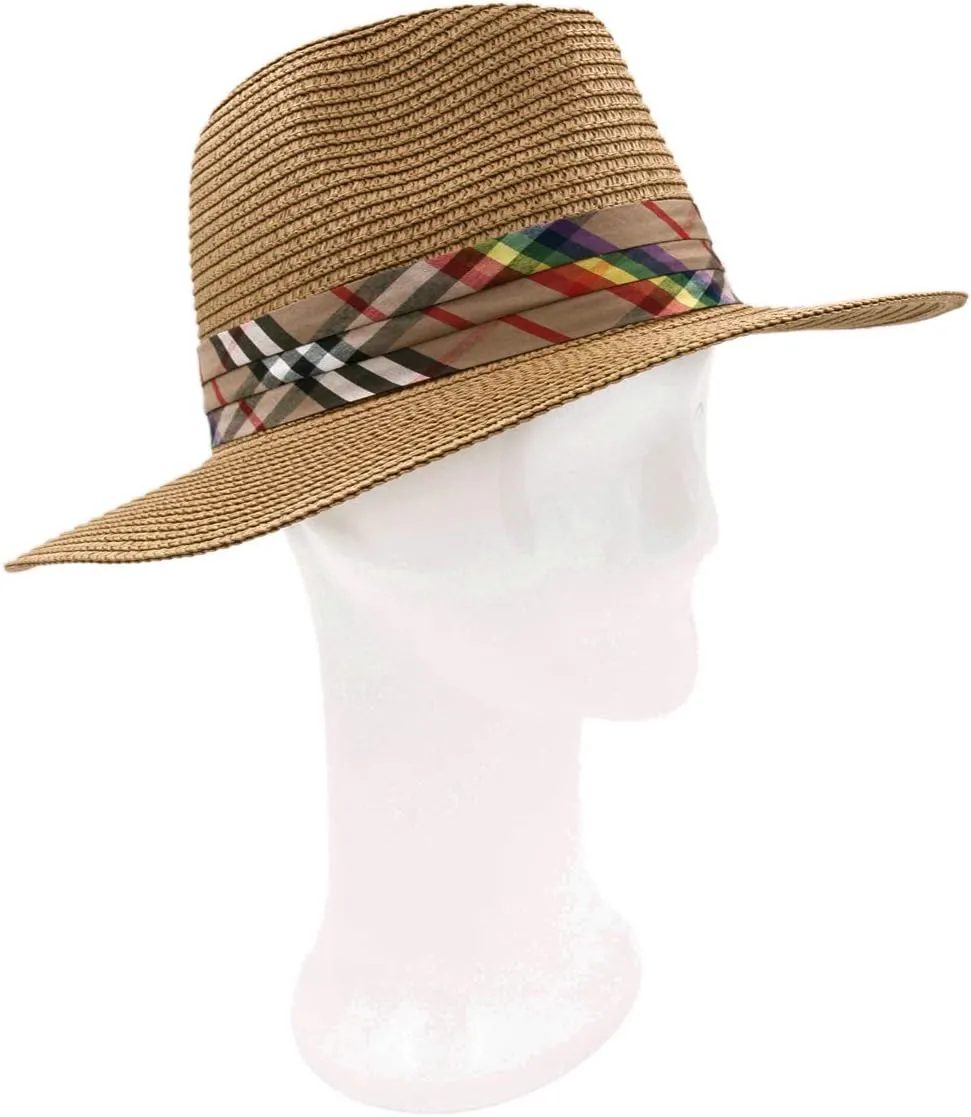 Womens Wide Brim Foldable UPF50 Plaid Band Summer Straw Hat Fedora Sun Beach Hat