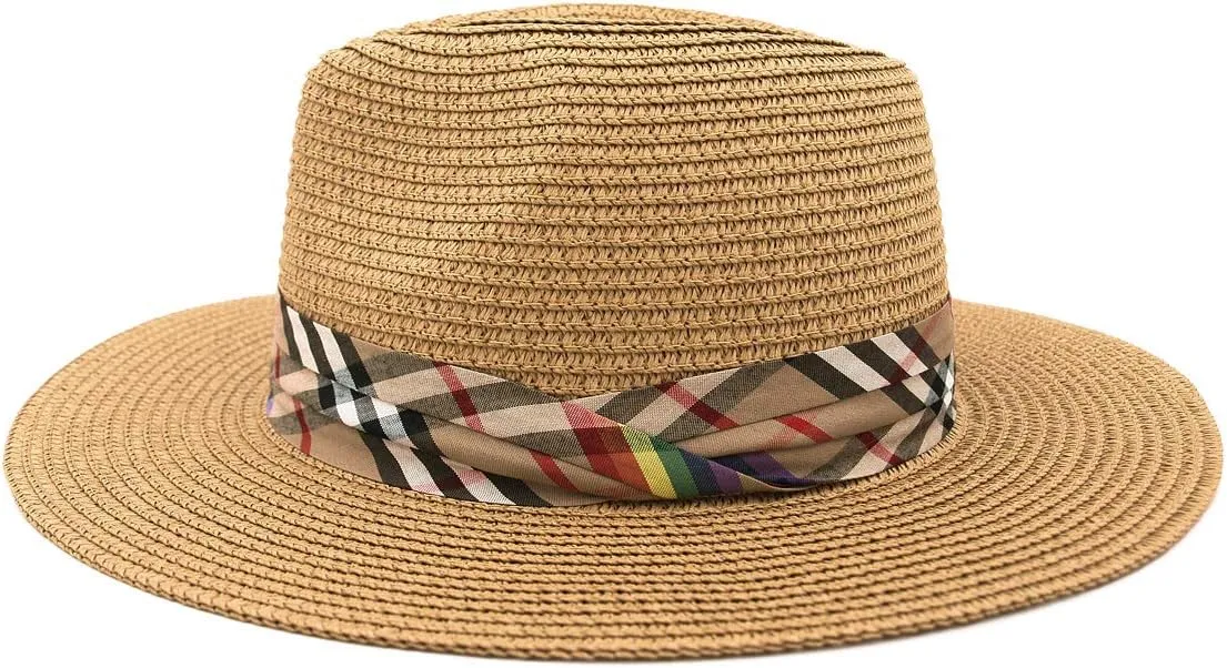Womens Wide Brim Foldable UPF50 Plaid Band Summer Straw Hat Fedora Sun Beach Hat