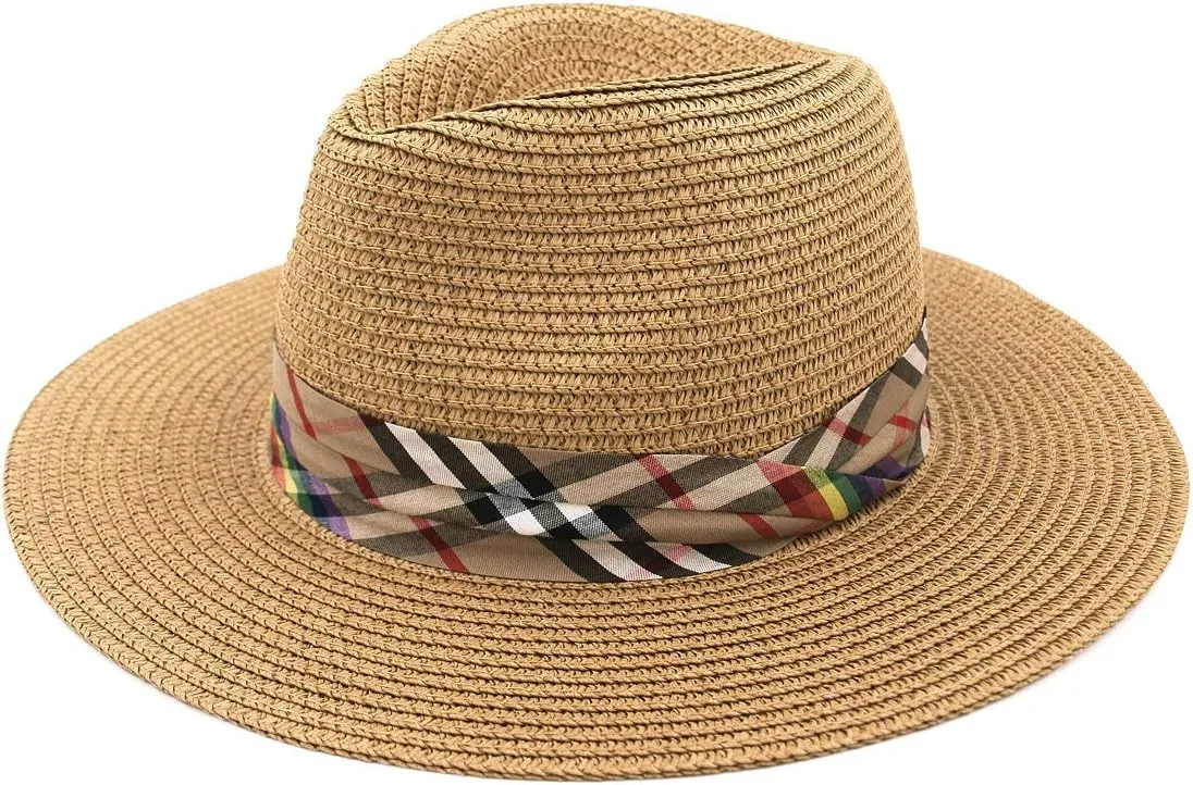 Womens Wide Brim Foldable UPF50 Plaid Band Summer Straw Hat Fedora Sun Beach Hat