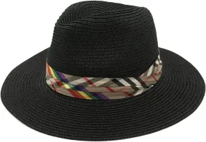 Womens Wide Brim Foldable UPF50 Plaid Band Summer Straw Hat Fedora Sun Beach Hat