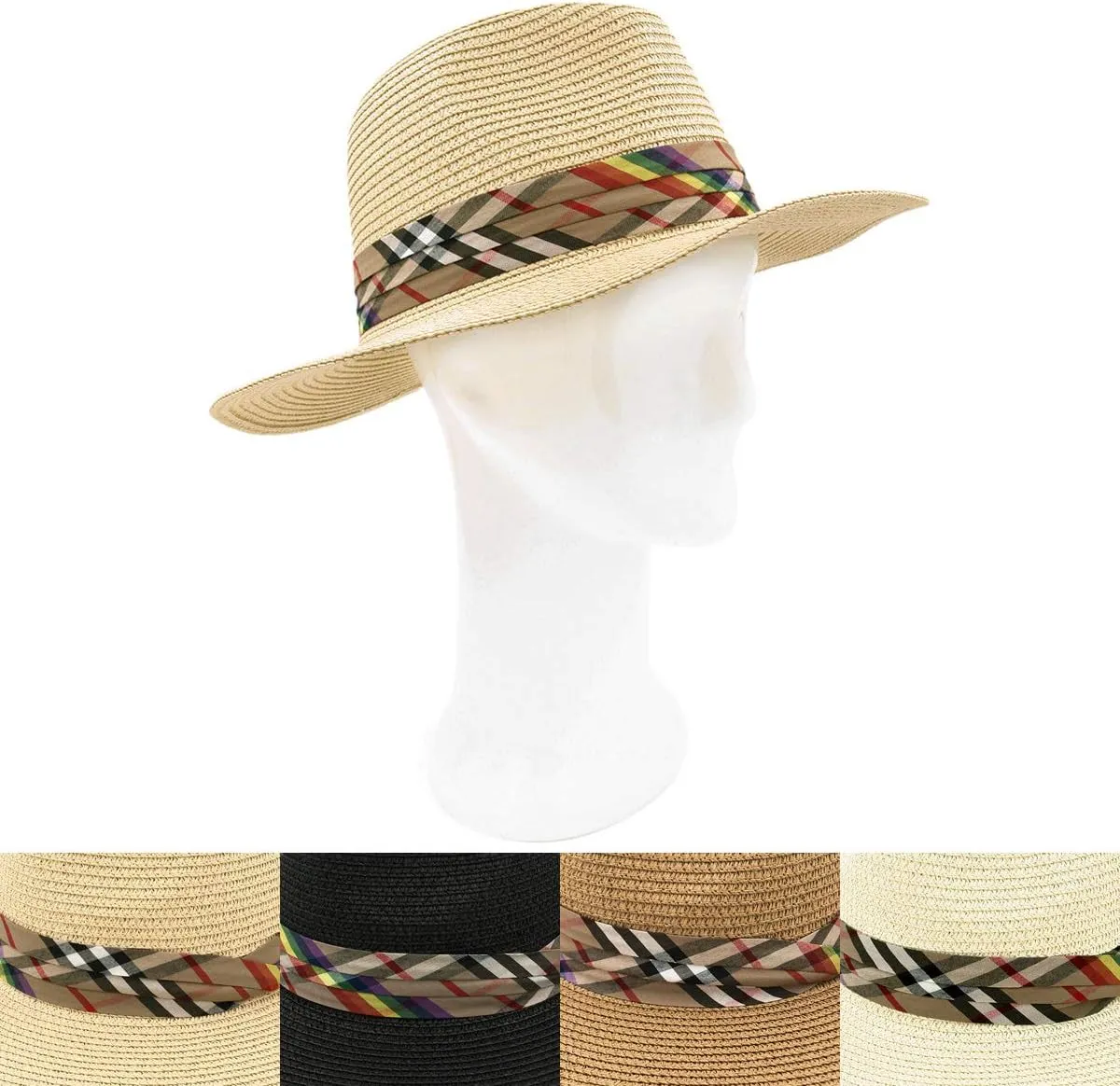Womens Wide Brim Foldable UPF50 Plaid Band Summer Straw Hat Fedora Sun Beach Hat
