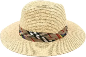 Womens Wide Brim Foldable UPF50 Plaid Band Summer Straw Hat Fedora Sun Beach Hat
