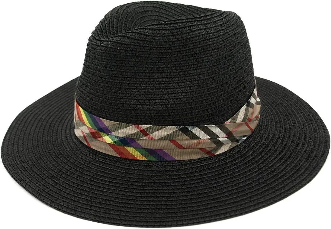 Womens Wide Brim Foldable UPF50 Plaid Band Summer Straw Hat Fedora Sun Beach Hat