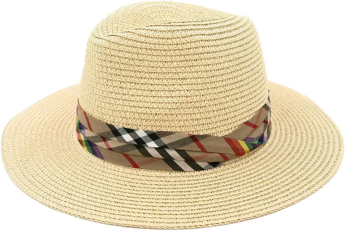 Womens Wide Brim Foldable UPF50 Plaid Band Summer Straw Hat Fedora Sun Beach Hat