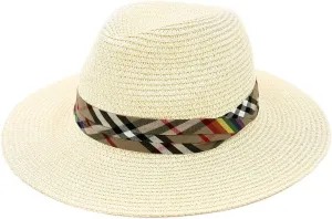 Womens Wide Brim Foldable UPF50 Plaid Band Summer Straw Hat Fedora Sun Beach Hat