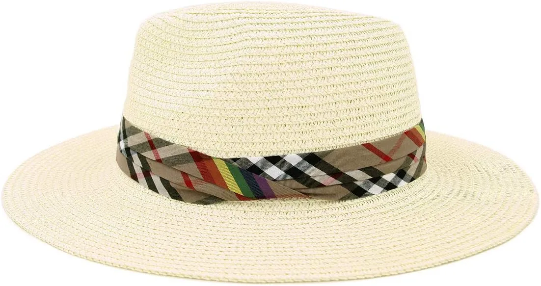 Womens Wide Brim Foldable UPF50 Plaid Band Summer Straw Hat Fedora Sun Beach Hat