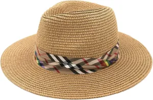 Womens Wide Brim Foldable UPF50 Plaid Band Summer Straw Hat Fedora Sun Beach Hat
