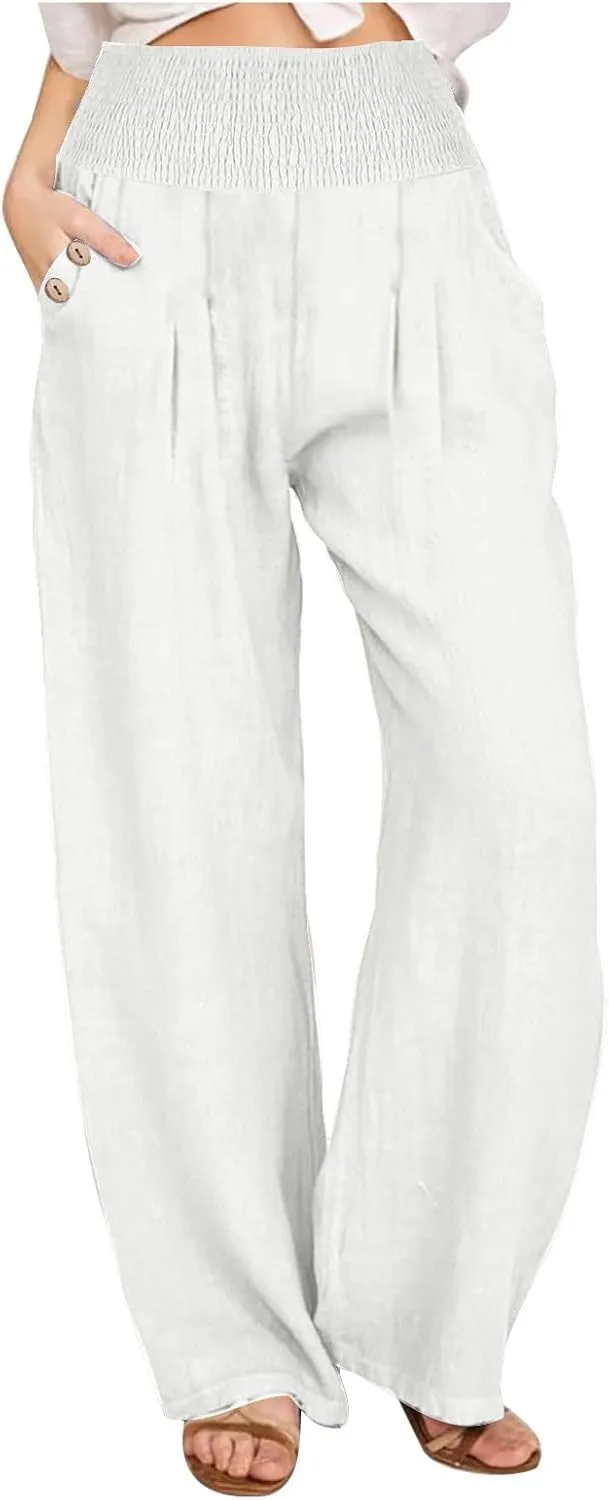 Women's Wide Leg Pants High Waisted Linen Pants Loose Fit Summer Pants Flowy Beach Pants Comfy Palazzo Pants Trousers