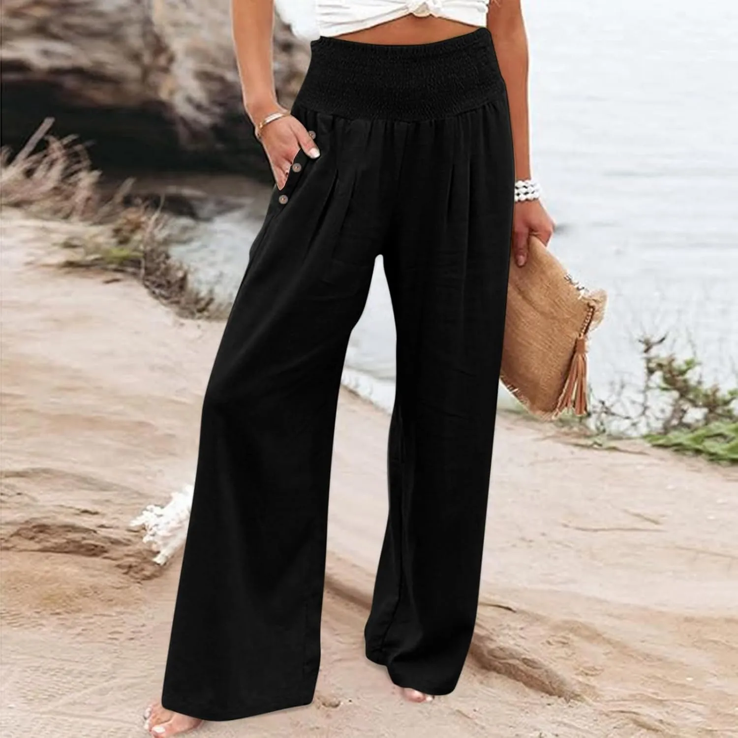 Women's Wide Leg Pants High Waisted Linen Pants Loose Fit Summer Pants Flowy Beach Pants Comfy Palazzo Pants Trousers