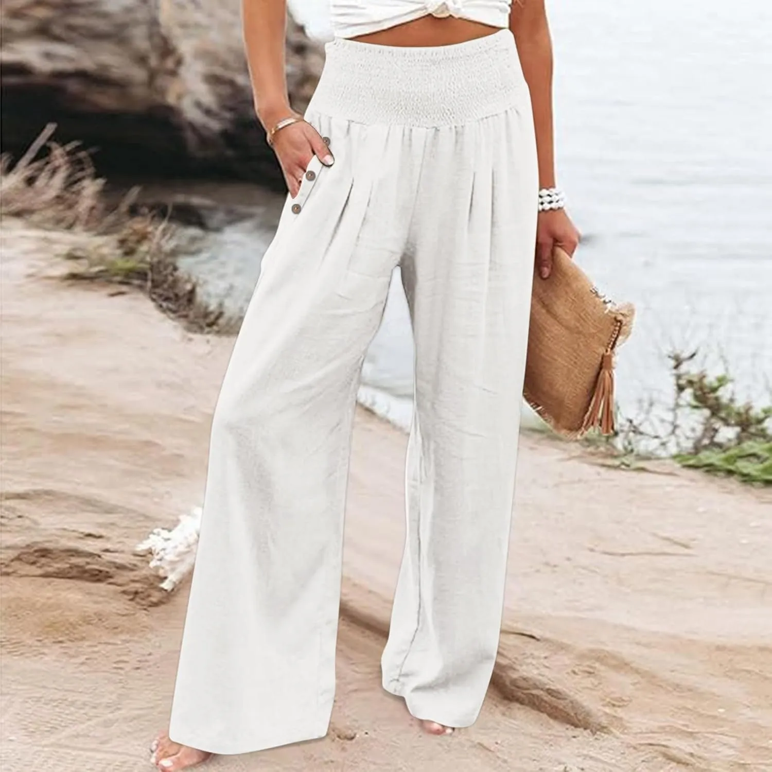 Women's Wide Leg Pants High Waisted Linen Pants Loose Fit Summer Pants Flowy Beach Pants Comfy Palazzo Pants Trousers