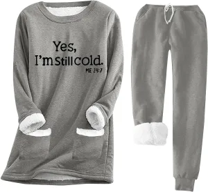 Womens Winter Sets 2 Piece Outfits Yes I'm Cold Sweatshirt Fleece Lined Pants Warm Lounge Sets Casual Suits Pockets