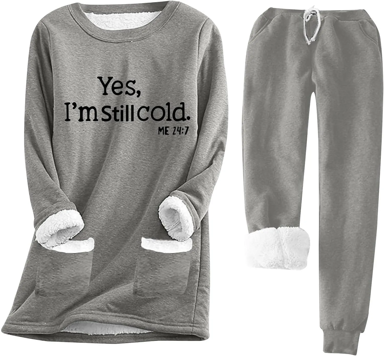Womens Winter Sets 2 Piece Outfits Yes I'm Cold Sweatshirt Fleece Lined Pants Warm Lounge Sets Casual Suits Pockets