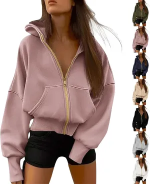 Womens Zip Up Hoodies Long Sleeve Fashion Sweatshirt Fleece Y2K Hooded Jacket 2024 Trendy Fall Winter Clothes Comfort Hoodies Cropped Hoodies White Crewneck Sweatshirt Sweatshirt Blanket Sweaters