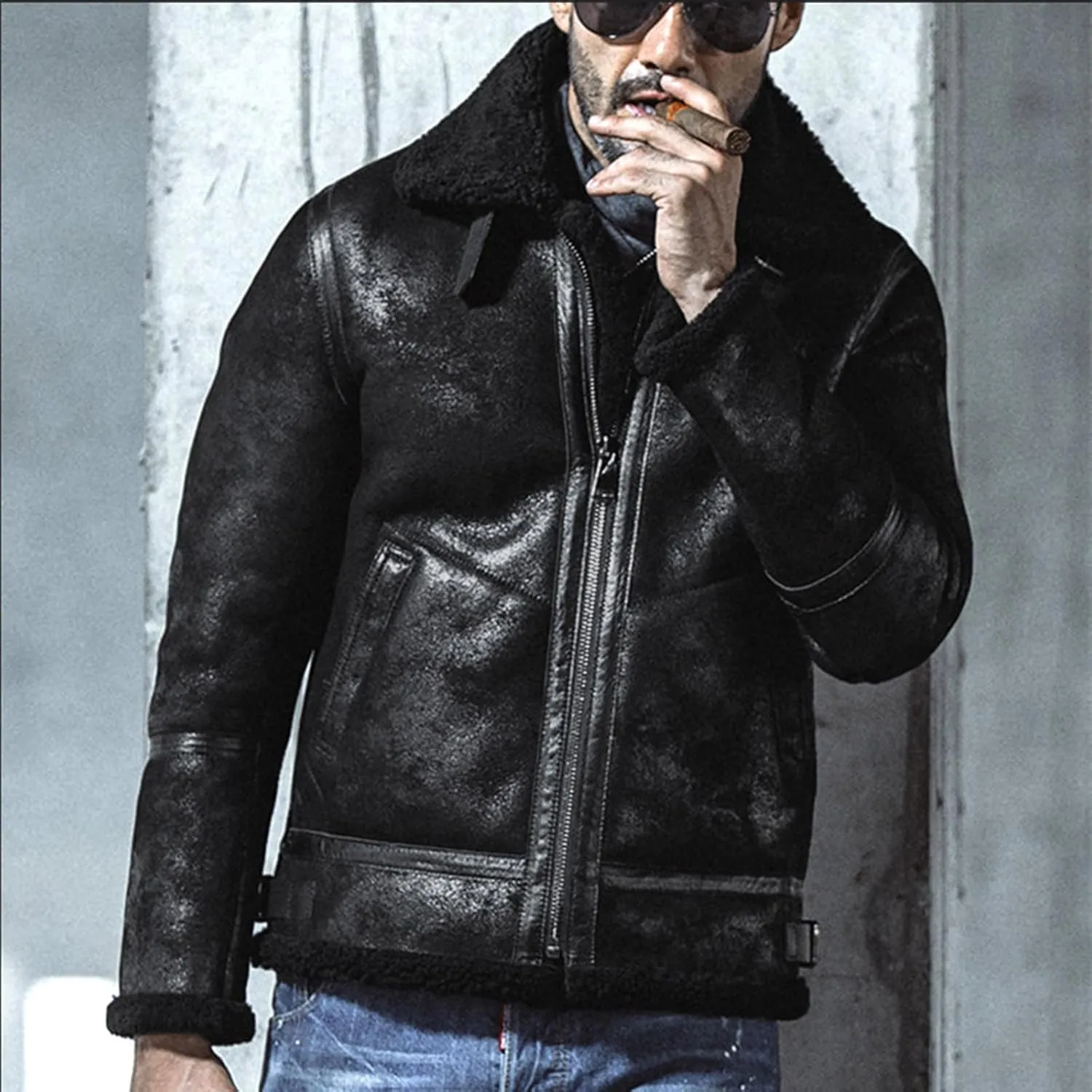 Zeiyignr Men's Winter Jacket Thick Thermal Full Zip Warm Sherpa Fleece Lined Coat Lapel Trucker Coats Vintage Bomber Jackets