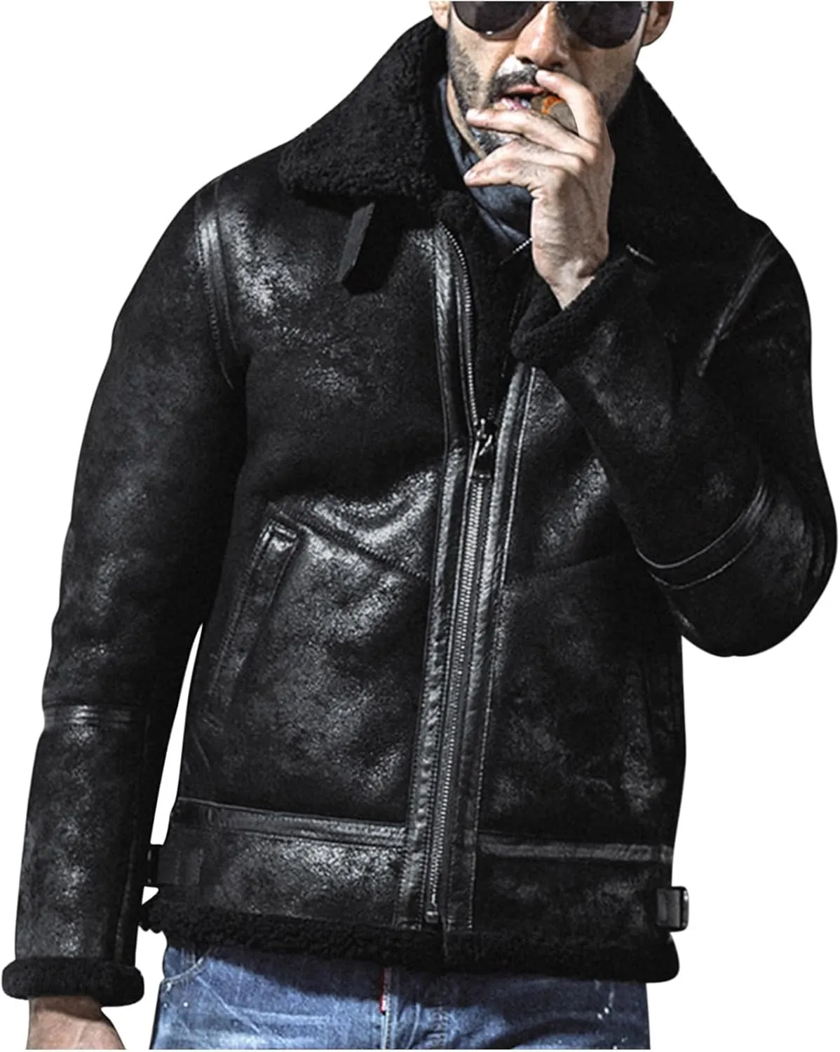 Zeiyignr Men's Winter Jacket Thick Thermal Full Zip Warm Sherpa Fleece Lined Coat Lapel Trucker Coats Vintage Bomber Jackets