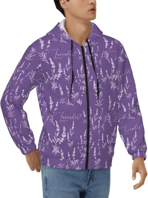 Zip Up Hoodies for Men - Long Sleeve Lavender Flowers Purple White Men'S Hoodies & Sweatshirts Jackets Pullover