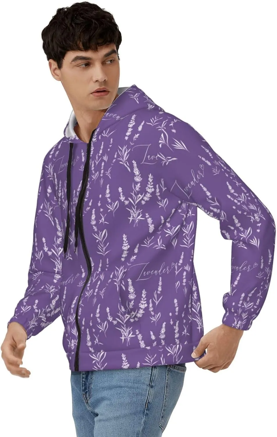 Zip Up Hoodies for Men - Long Sleeve Lavender Flowers Purple White Men'S Hoodies & Sweatshirts Jackets Pullover