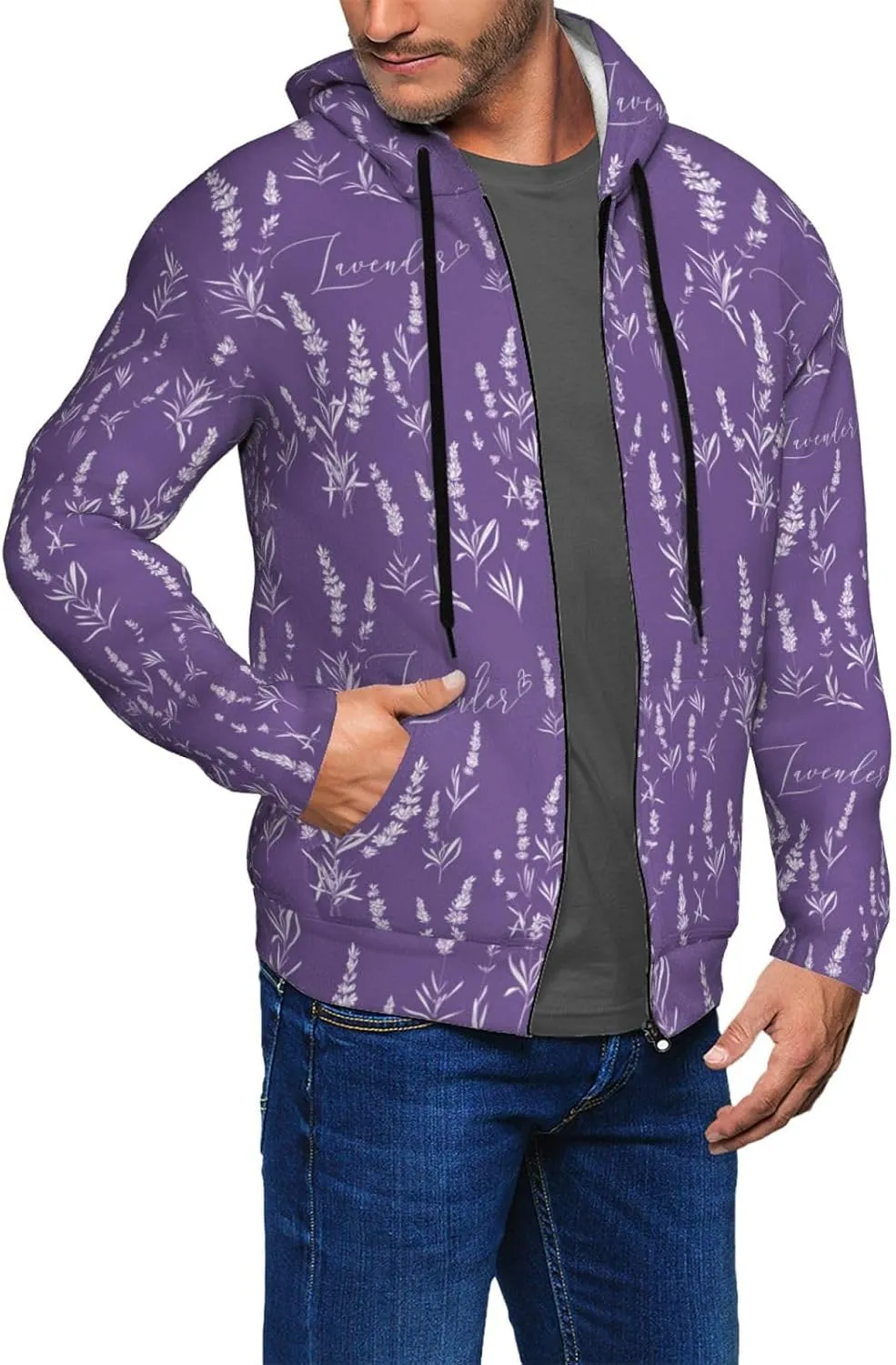 Zip Up Hoodies for Men - Long Sleeve Lavender Flowers Purple White Men'S Hoodies & Sweatshirts Jackets Pullover