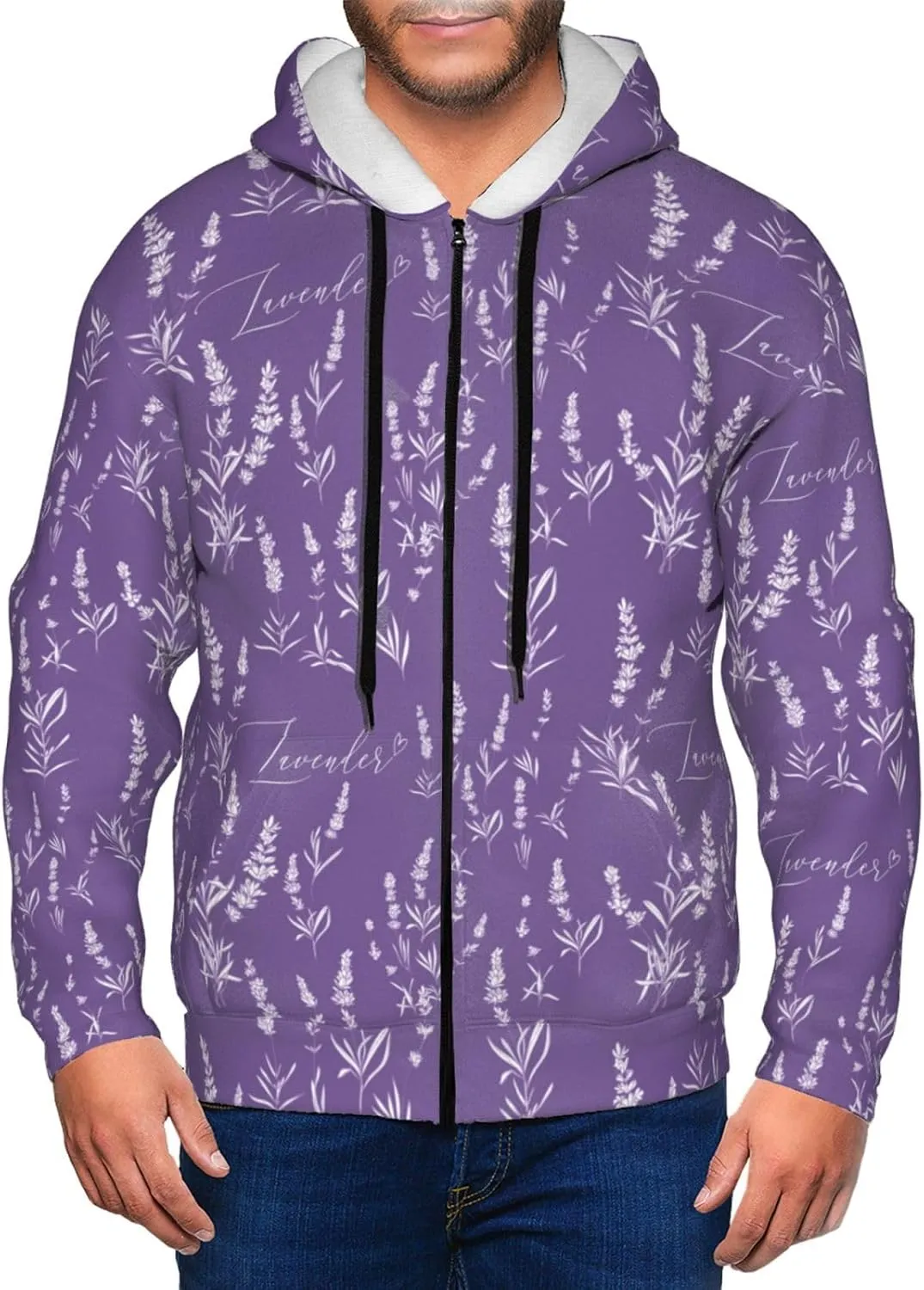 Zip Up Hoodies for Men - Long Sleeve Lavender Flowers Purple White Men'S Hoodies & Sweatshirts Jackets Pullover